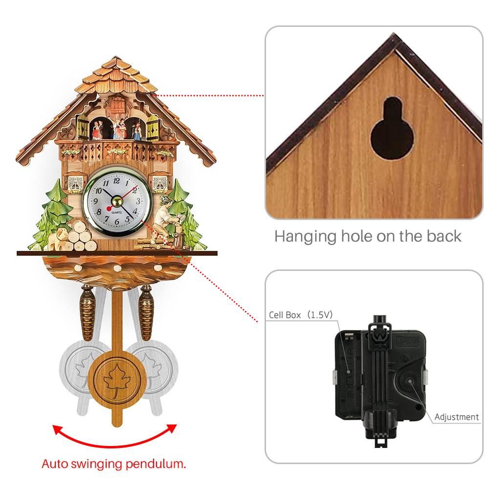 Cuckoo Clock Antique Wooden Cuckoo Birdhouse Wall Clock Home Decor Hanging Cuckoo Clock Auto Swing Bell Pendulum Home Decor