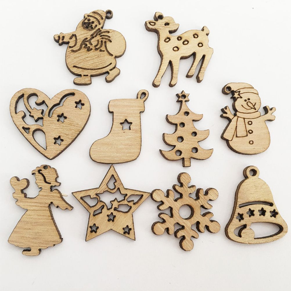 100Pcs Mix Wooden Christmas Tree Ornaments Mini Santa Claus Snowman Elk Snowflakes Christmas Tree Hanging Pendants