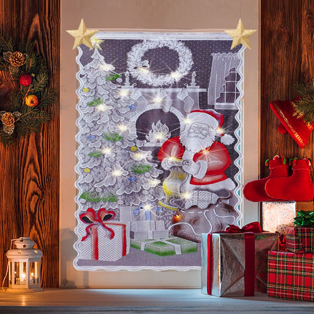 Christmas Lace Curtains LED Light Santa Claus Half Blackout Curtains Living Room Bedroom Home Decor