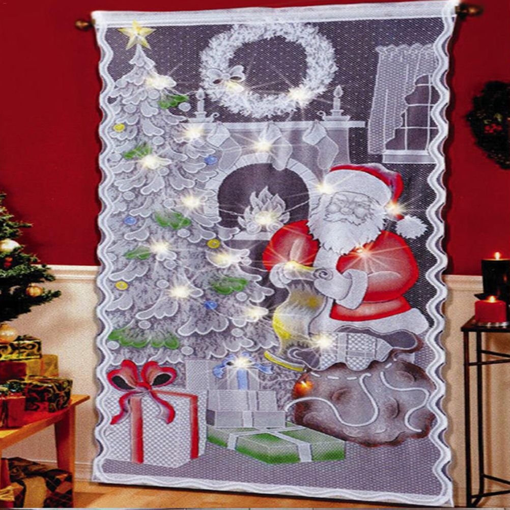 Christmas Lace Curtains LED Light Santa Claus Half Blackout Curtains Living Room Bedroom Home Decor
