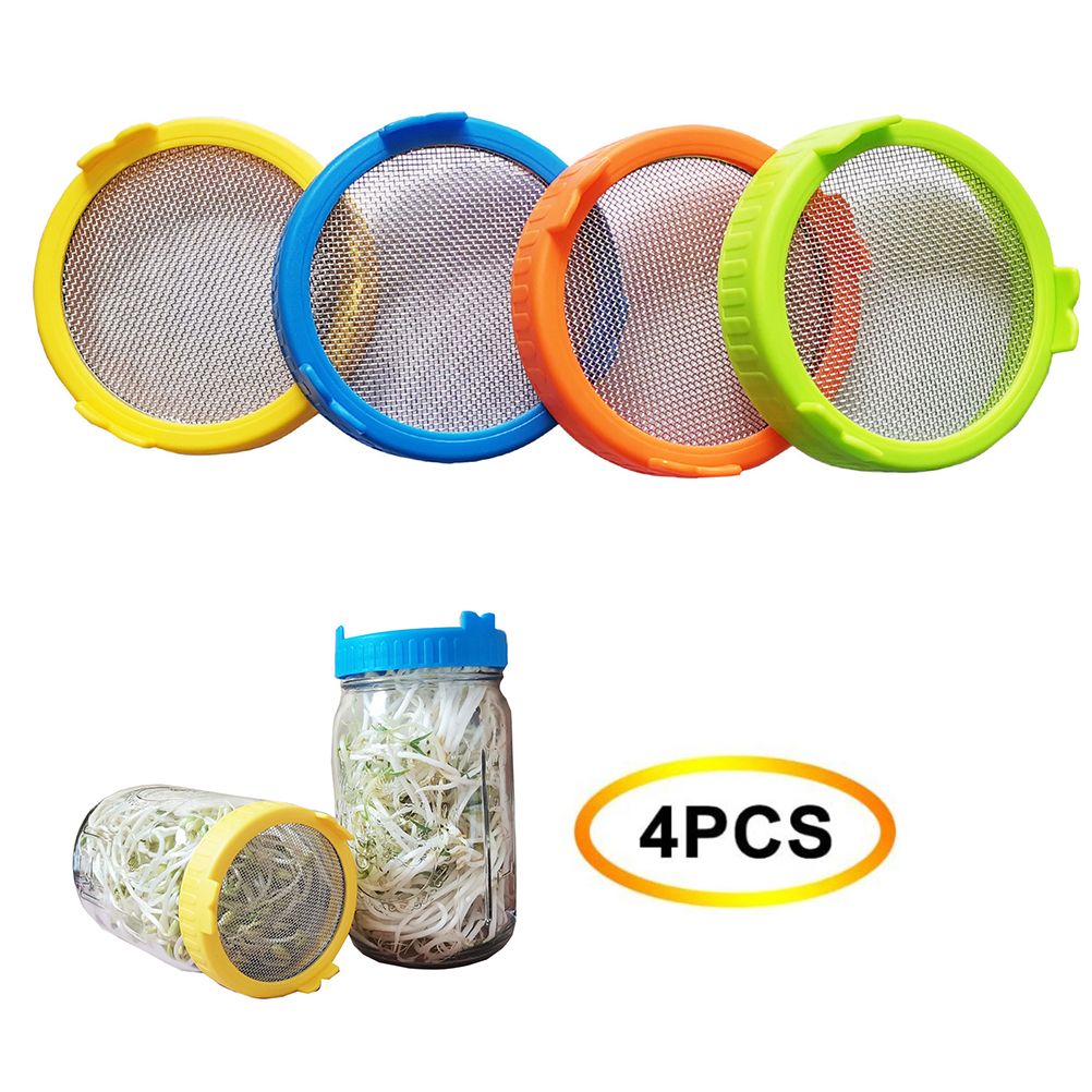 4Pcs Plastic Sprouting Lids with Stainless Steel Screen for 86mm Wide Mouth Jars Sprouting Strainer Lid with Stand