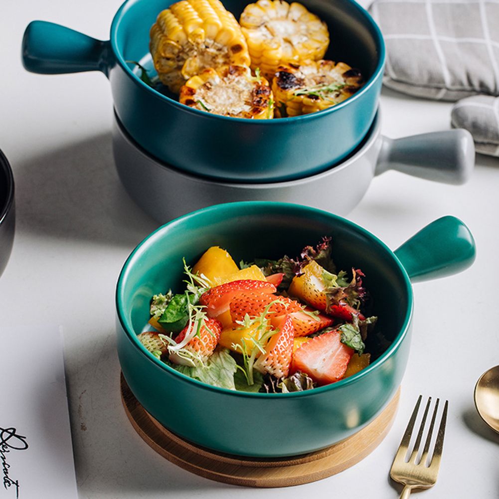 Nordic Ceramic Instant Noodle Bowl With Handle Breakfast Rice Baking Bowl Dessert Soup Fruit Salad Bowl