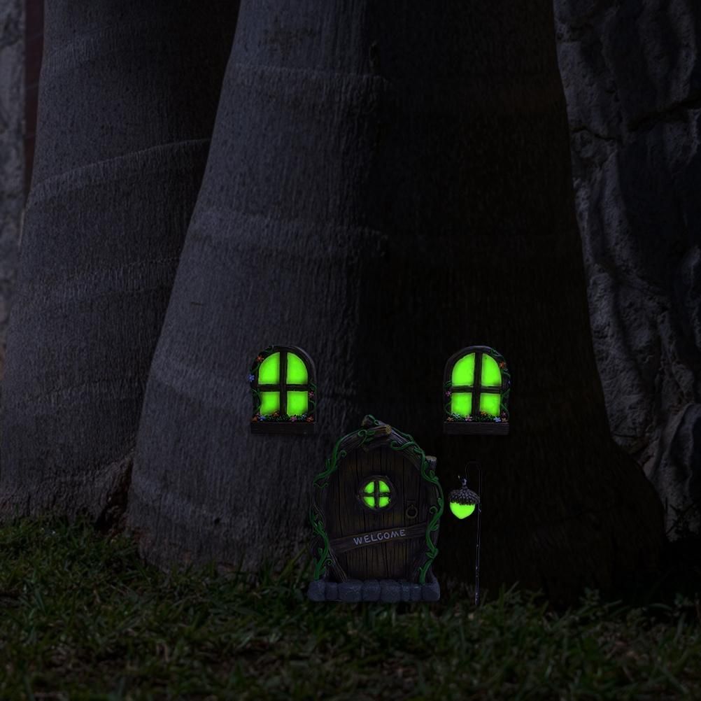 Miniature Fairy Elf Home Door Windows and Chandelier Luminous Tree Decor Art Decorations In The Dark