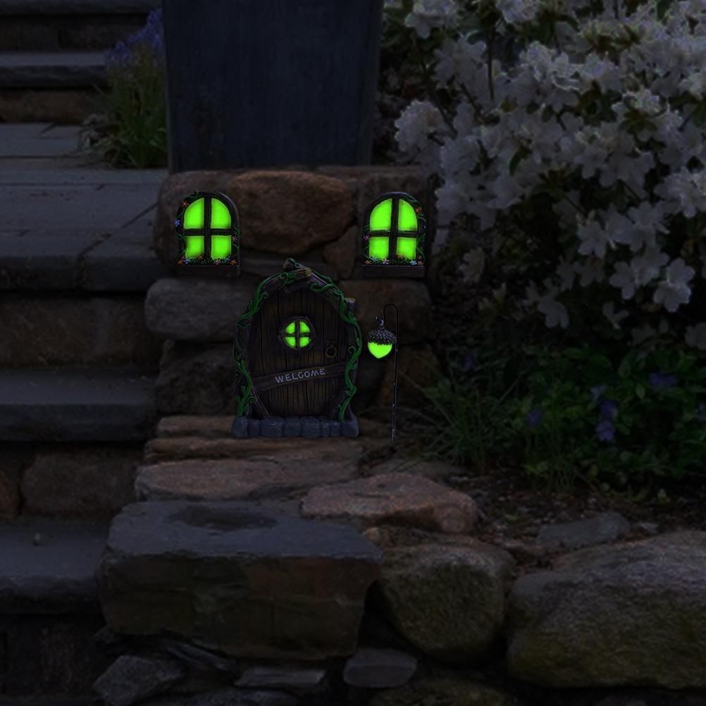 Miniature Fairy Elf Home Door Windows and Chandelier Luminous Tree Decor Art Decorations In The Dark