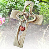 Carved Cross Intertwined Hearts Love Wooden Cross Hand Carved Design for Wall Hanging Home Living Room Decor - Top-Down View