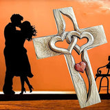 Carved Cross Intertwined Hearts Love Wooden Cross Hand Carved Design for Wall Hanging Home Living Room Decor - 45-Degree Angle