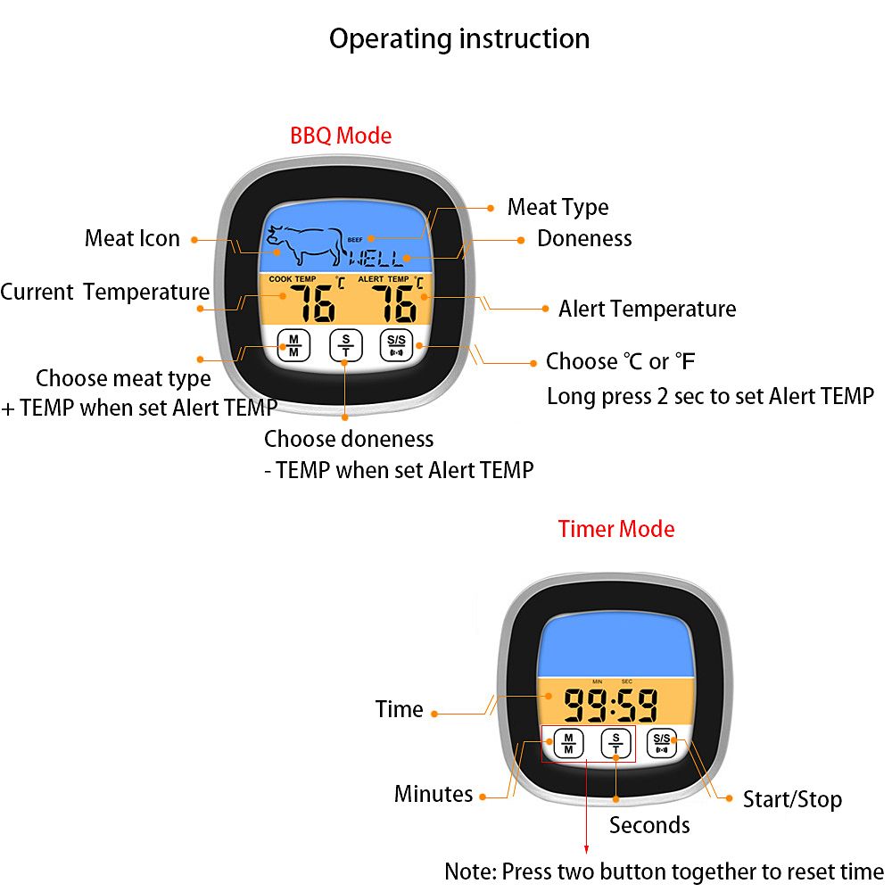 BBQ Thermometer 2 Alarm Mode Touch Screen Backlight Function Meat Thermometer for Outdoor Camping Picnic