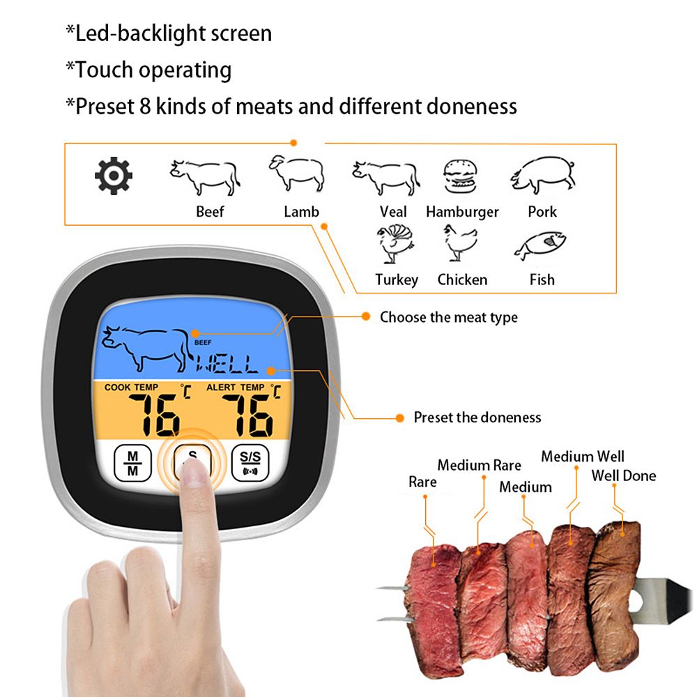 BBQ Thermometer 2 Alarm Mode Touch Screen Backlight Function Meat Thermometer for Outdoor Camping Picnic
