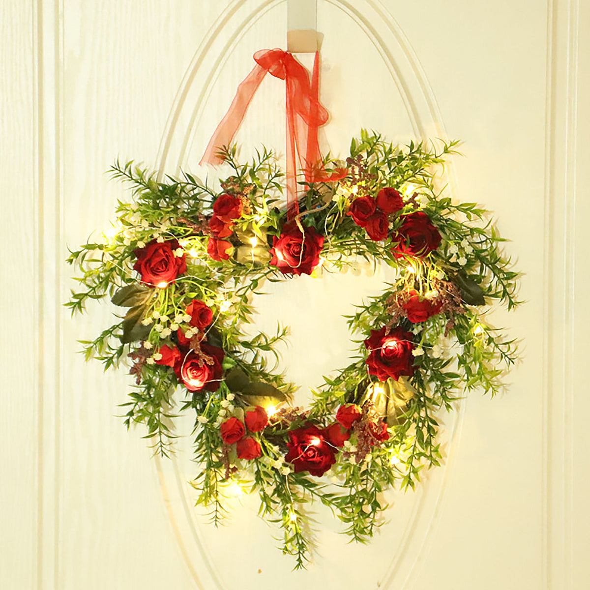Valentine's Day Wreath Decoration Artificial Rose Ribbon Wreath Heart Shaped Simulated Spring Wedding Wreath