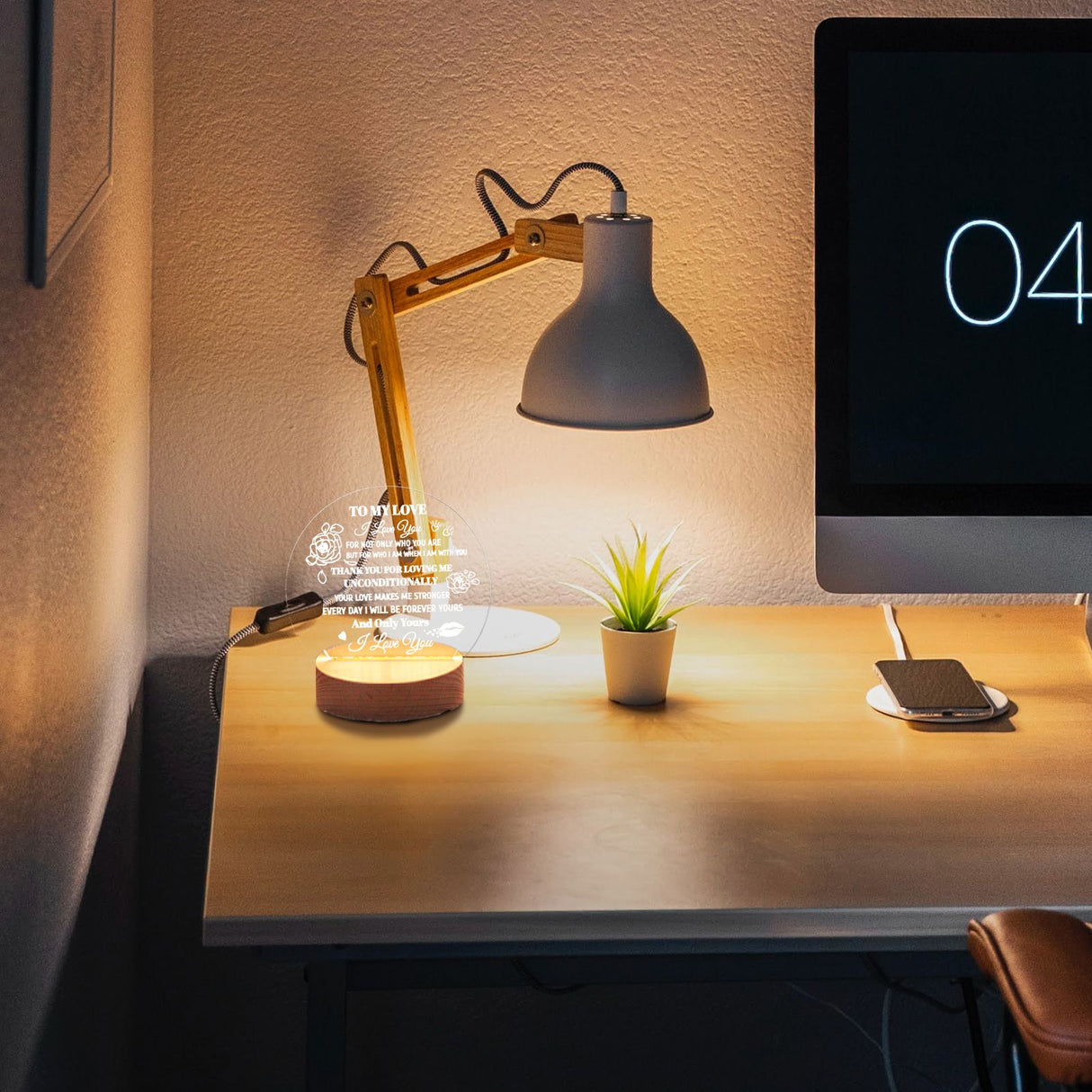 Decorative Night Light Acrylic Plate Wooden Base Warm Light Lamp for Bedroom Study Room