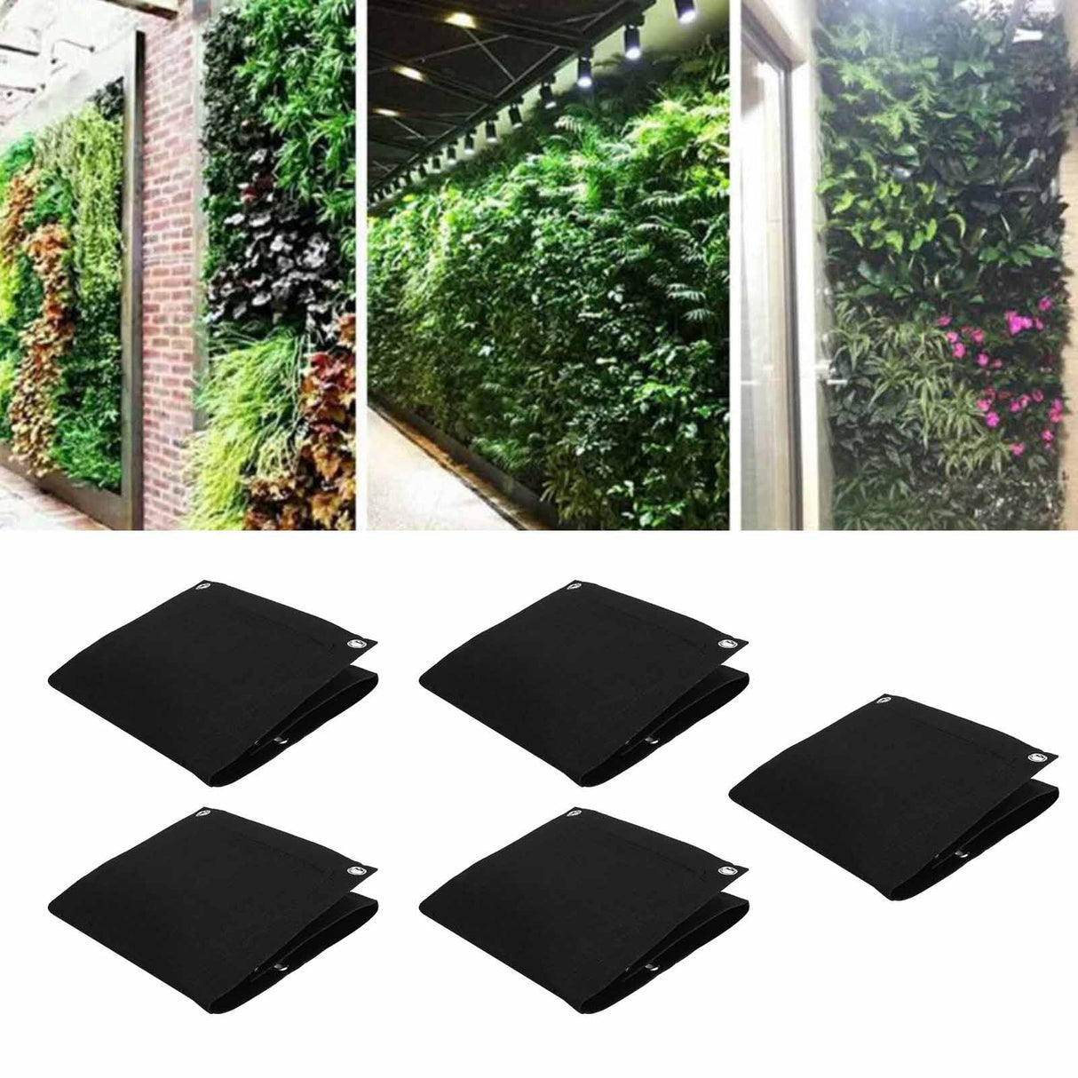 5Pcs Plant Growing Bags Wall Mounted Degradable 3‑Pockets Planter Garden AccessoryBlack