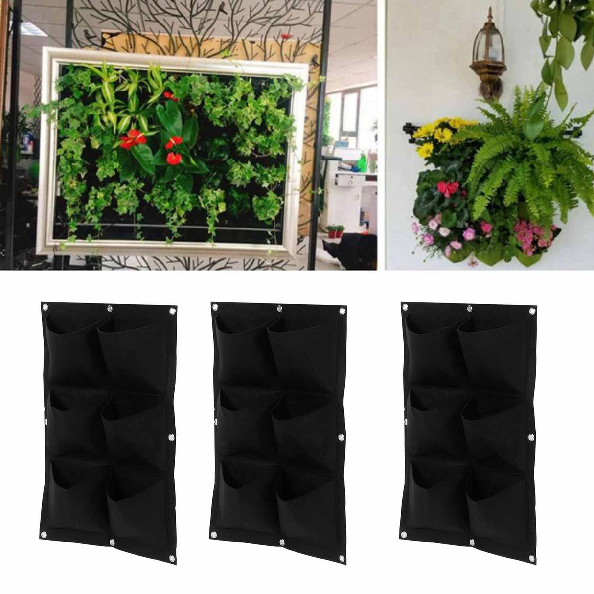 3Pcs 6 Pocket Plant Growing Bag Degradable Wall Hanging Felt Planter Bags Garden ToolBlack