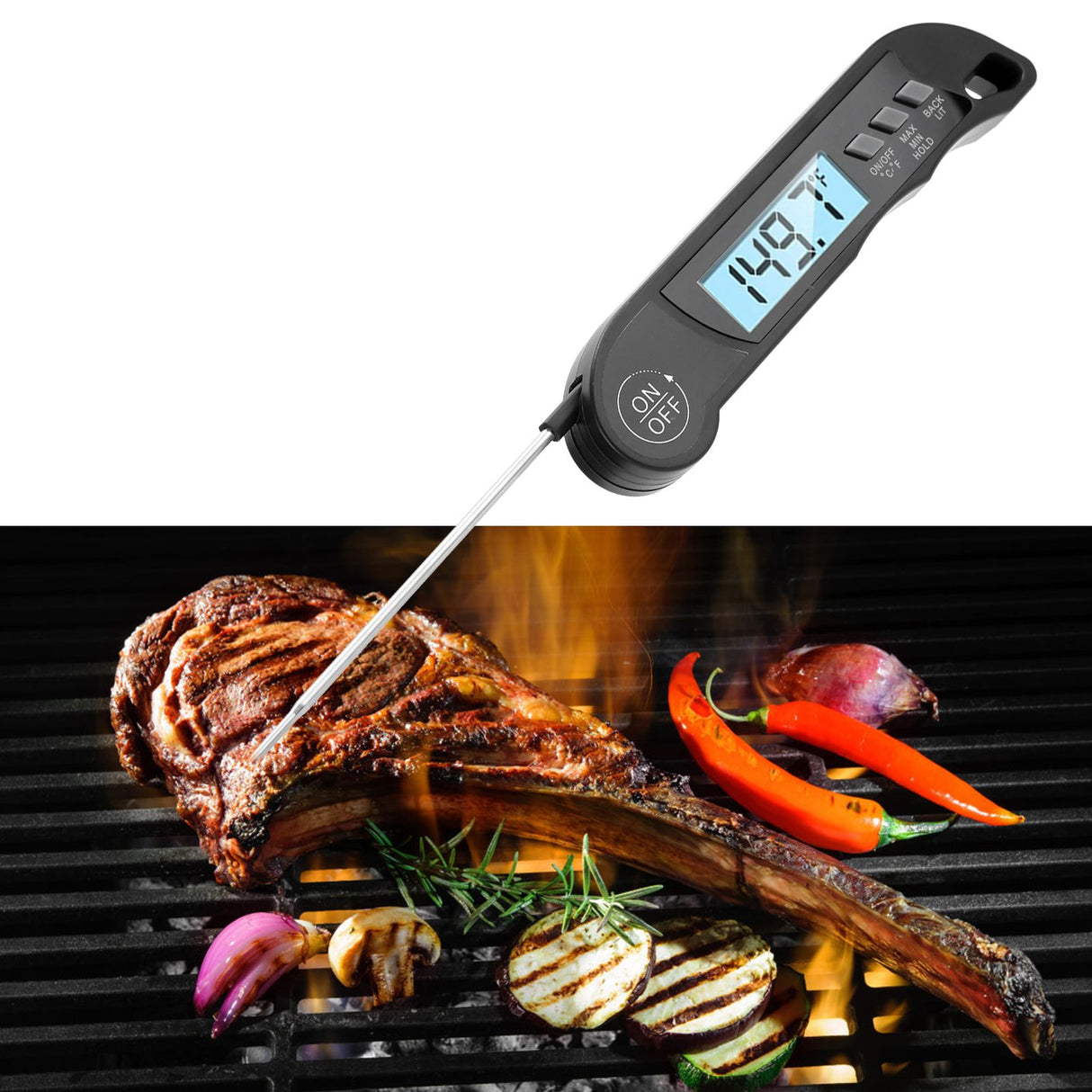 Folding Alarm Thermometer Electronic Barbecue Thermometer Food Temperature Measuring MeterBlack
