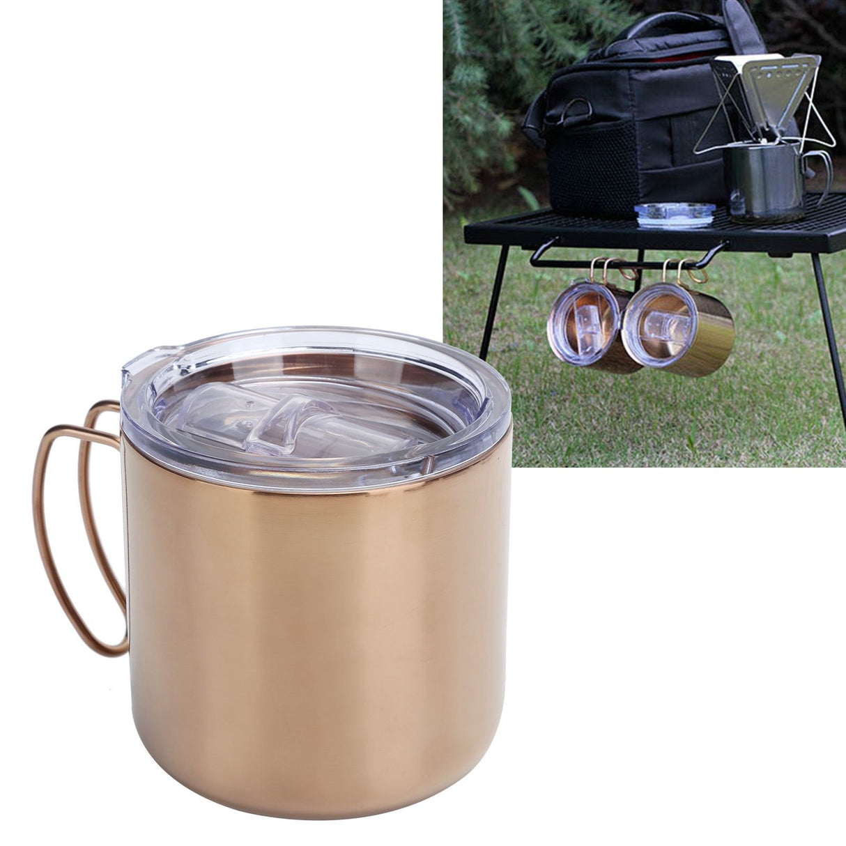Retro Coffee Mug 304 Stainless Steel Double Walled Anti‑Scalding Cup for Picnic Barbecue with Lid