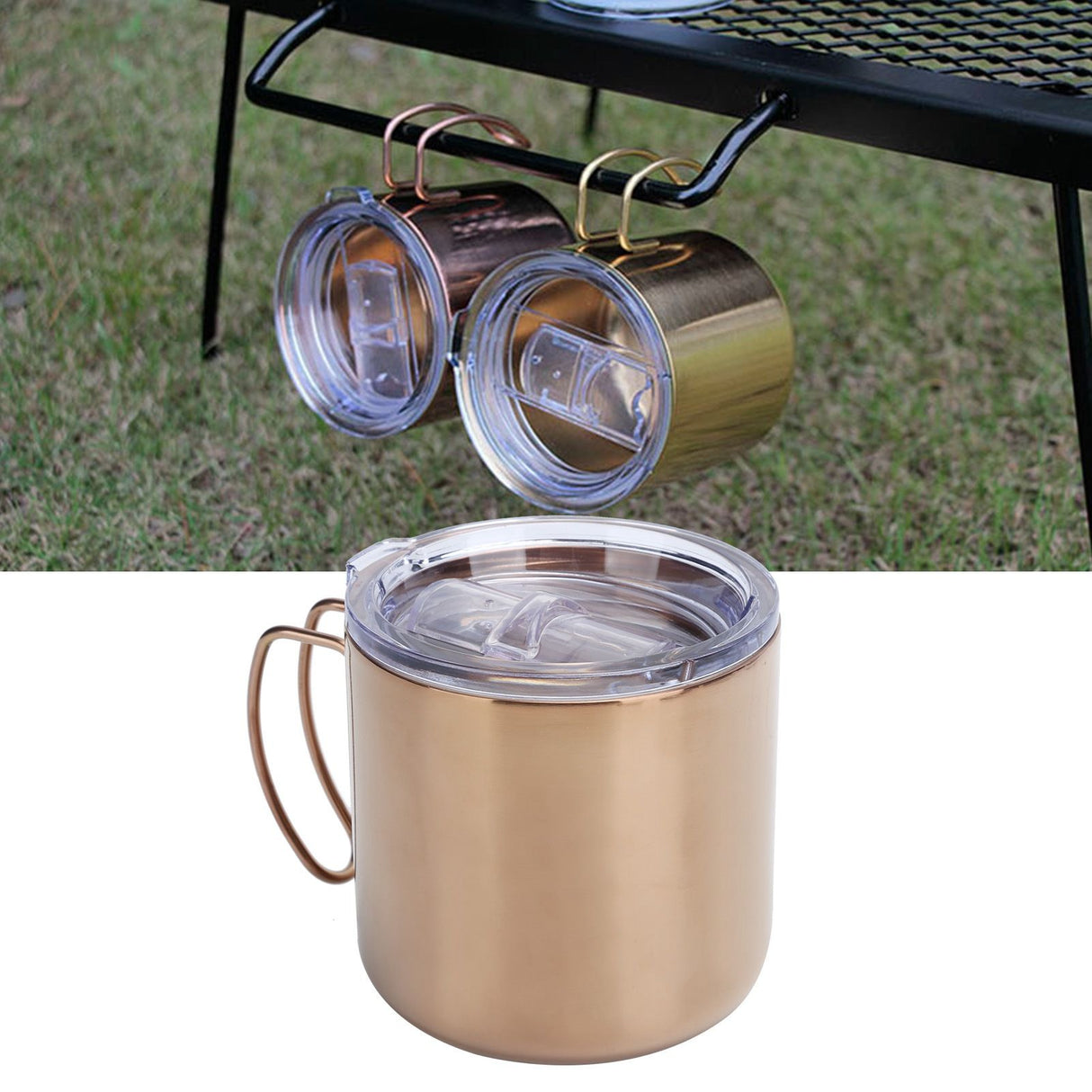 Retro Coffee Mug 304 Stainless Steel Double Walled Anti‑Scalding Cup for Picnic Barbecue with Lid