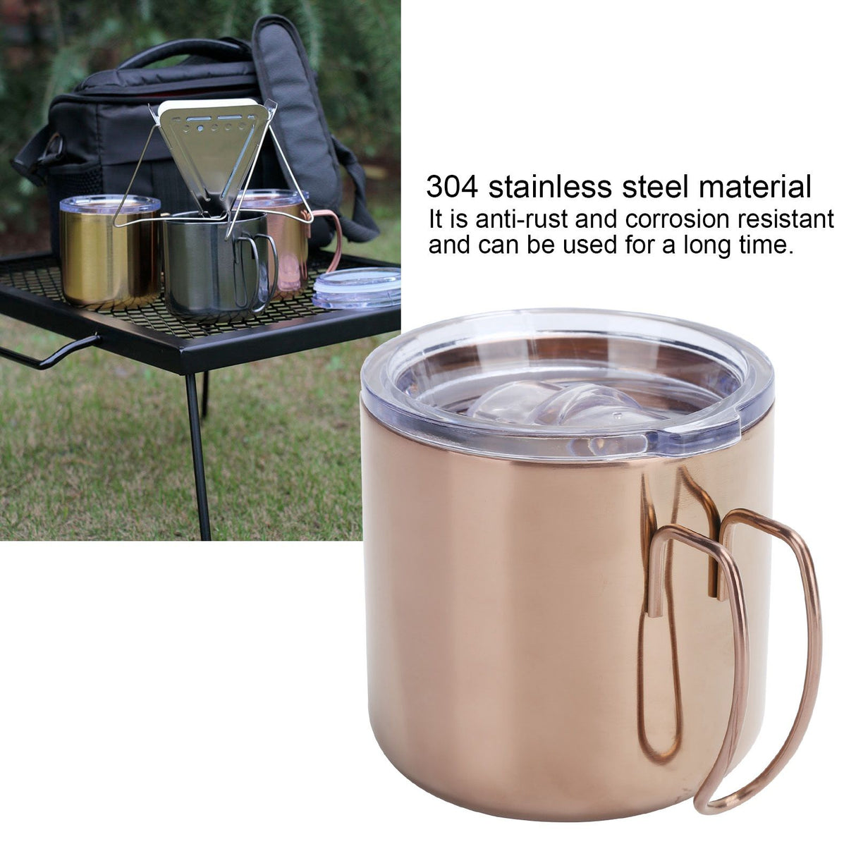 Retro Coffee Mug 304 Stainless Steel Double Walled Anti‑Scalding Cup for Picnic Barbecue with Lid