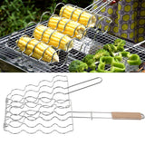 Corn Grilling Basket Stainless Steel Beech Wood Handle Even Heat Distribution 4 Corns Capacity Grilling Holder for Camping