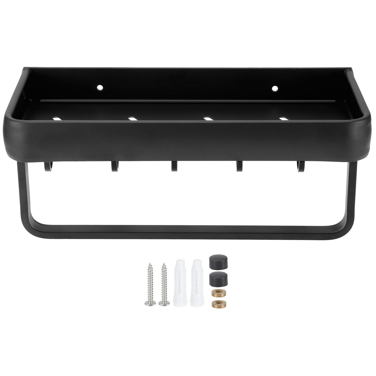 30cm Bathroom Shelf Space Aluminum Wall Mounted Hollow Storage Rack Basket Organizer(SingleLayer with Rod and 5 Hooks )