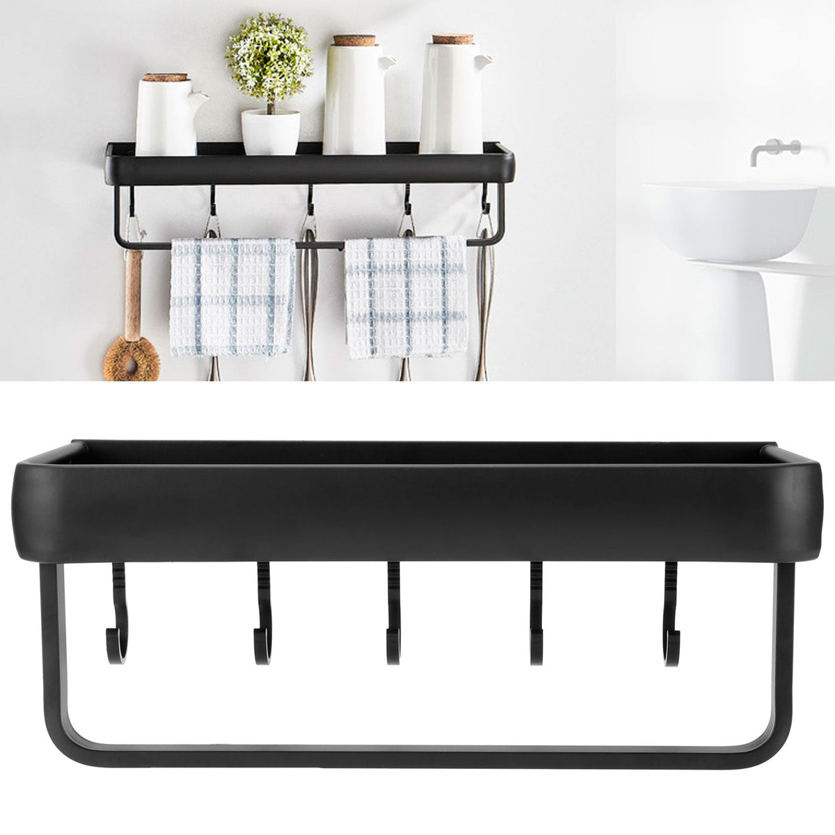 30cm Bathroom Shelf Space Aluminum Wall Mounted Hollow Storage Rack Basket Organizer(SingleLayer with Rod and 5 Hooks )