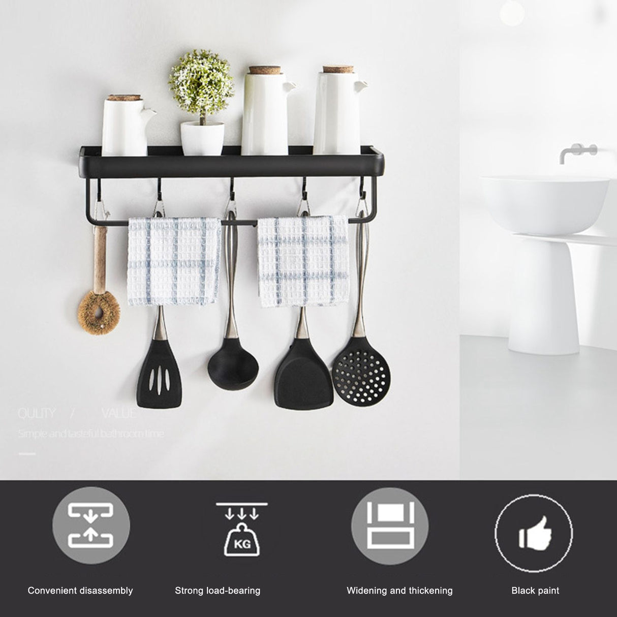 50cm Multifunctional Wall Mounted Kitchen Shelving Bathroom Storage Rack Bottle Holder(SingleLayer with Bar and 5 Hook )