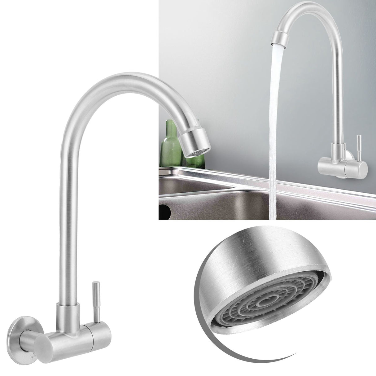 G1/2 Sink Faucet Wall-in 360 Degree Rotating Water Tap Single Handle for Kitchen Bar Bathroom