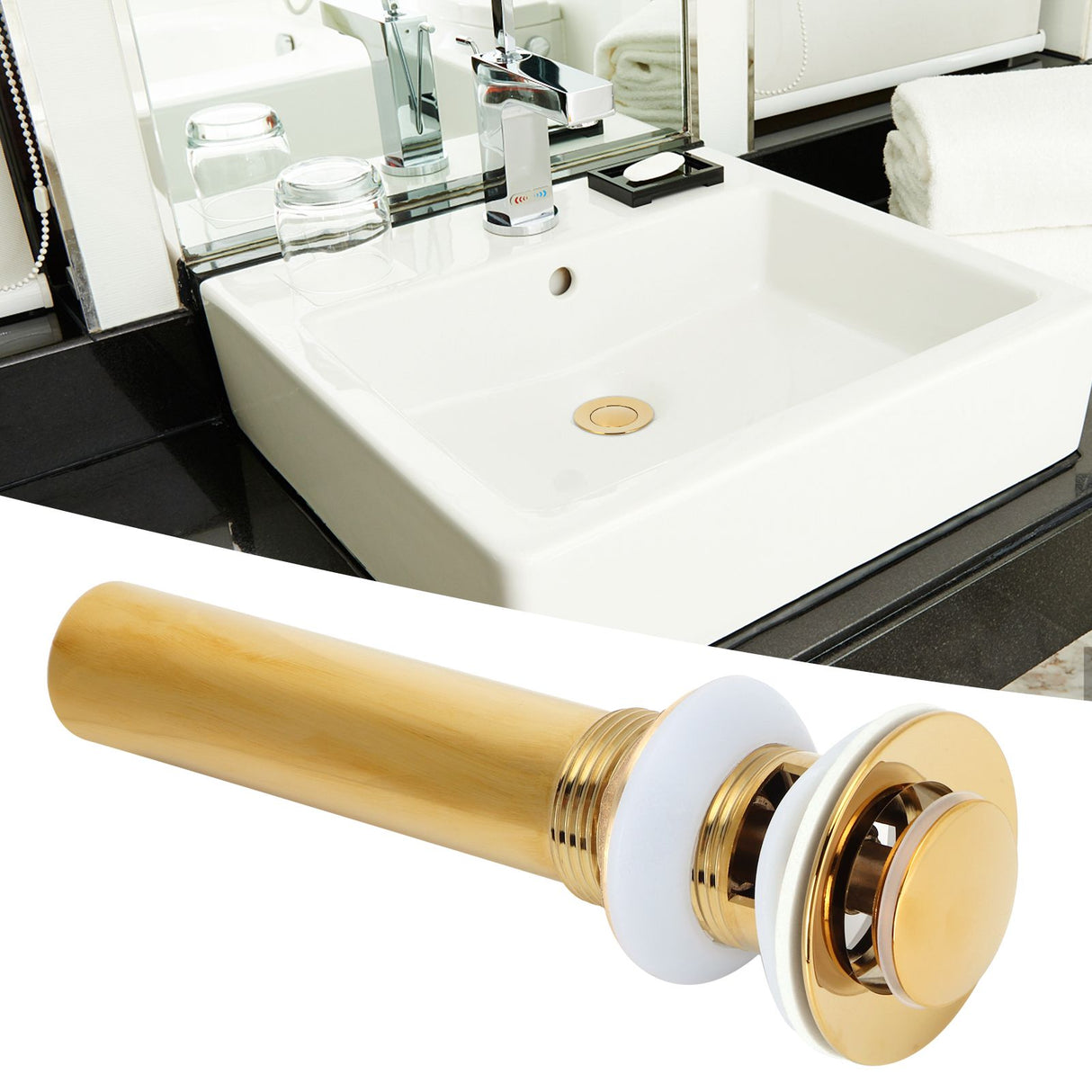 Gold Sink Drain without Overflow Anti Clog Bathroom Faucet Wash Basin Drain Stopperwith Hole
