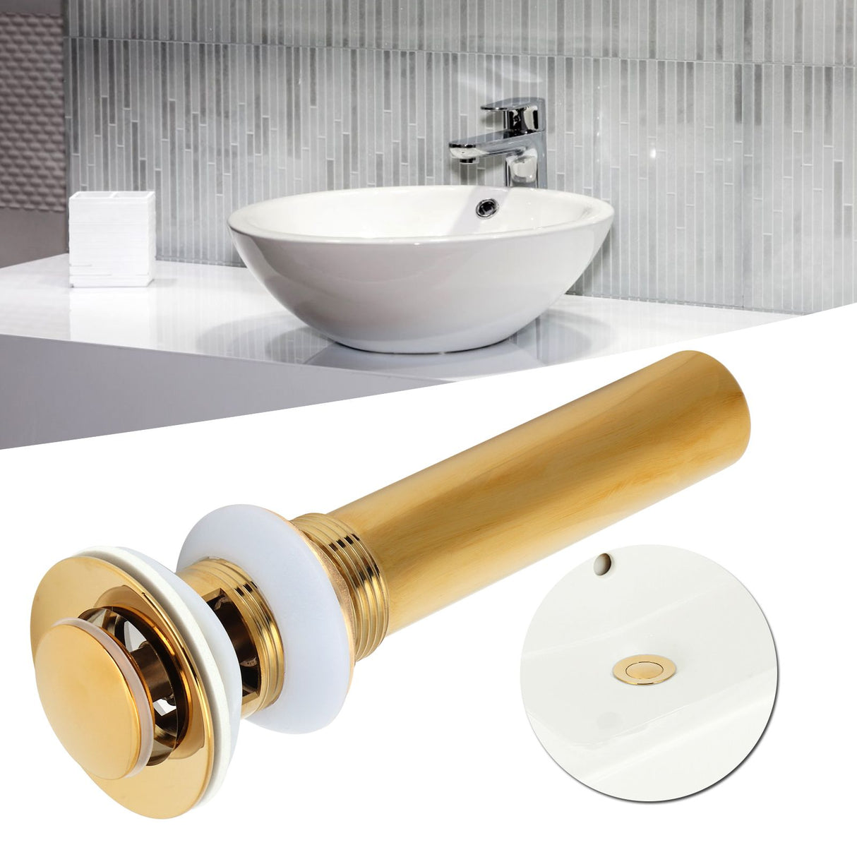 Gold Sink Drain without Overflow Anti Clog Bathroom Faucet Wash Basin Drain Stopperwith Hole