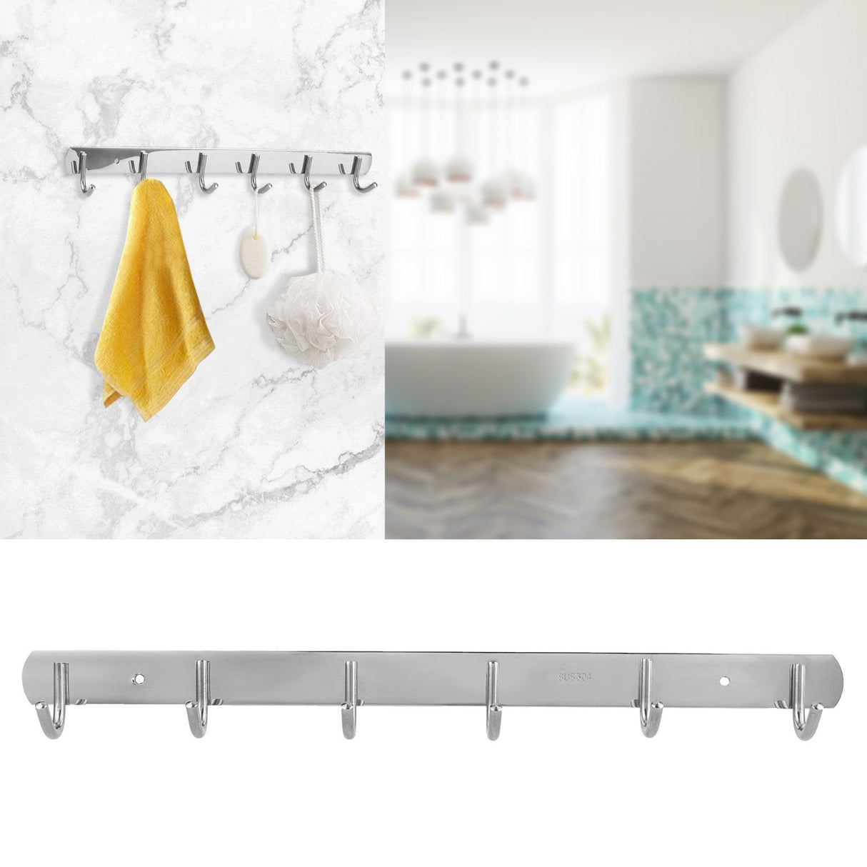6-Hooks Bathroom Towel Hanger Kitchen Stainless Steel Hook Frame Storage Rack Organizer
