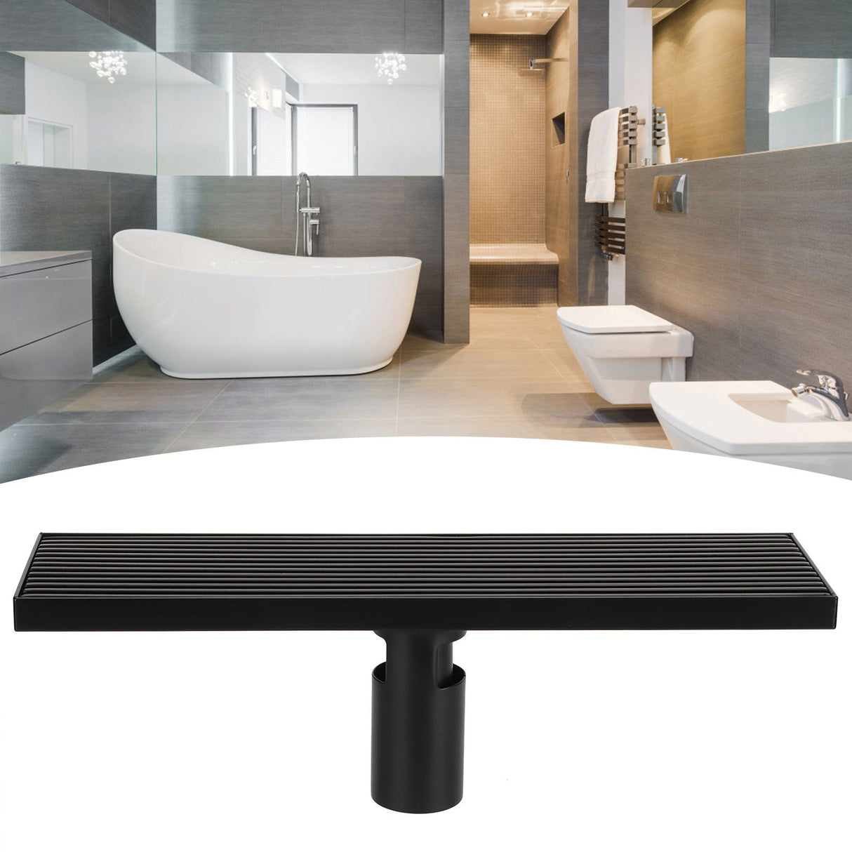 Linear Shower Floor Drain with Removable Cover 304 Stainless Steel Matte Black 30cm