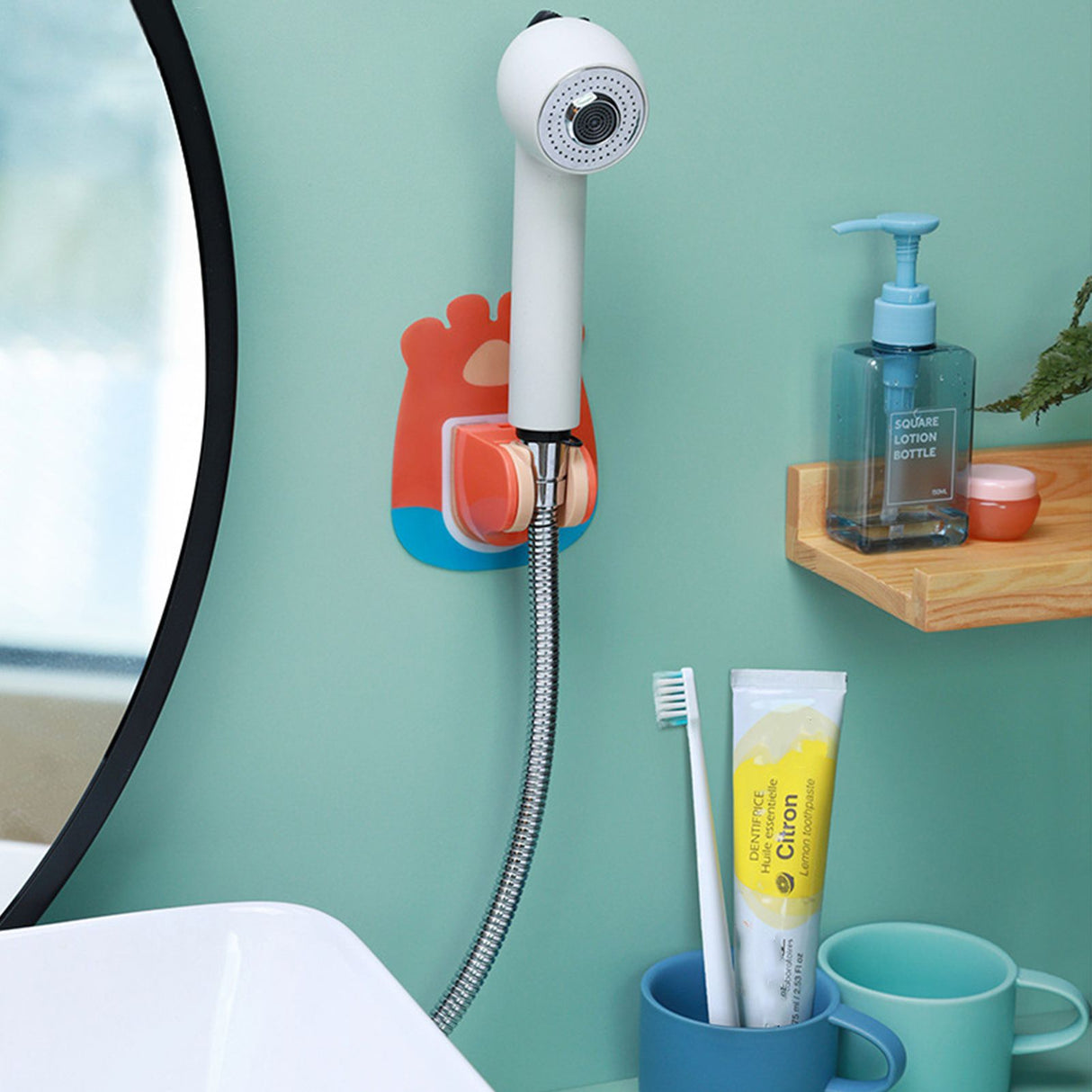 Shower Head Holder Bathroom Nail Free Seamless Waterproof Shower Fixed Base Holder with HookOrange