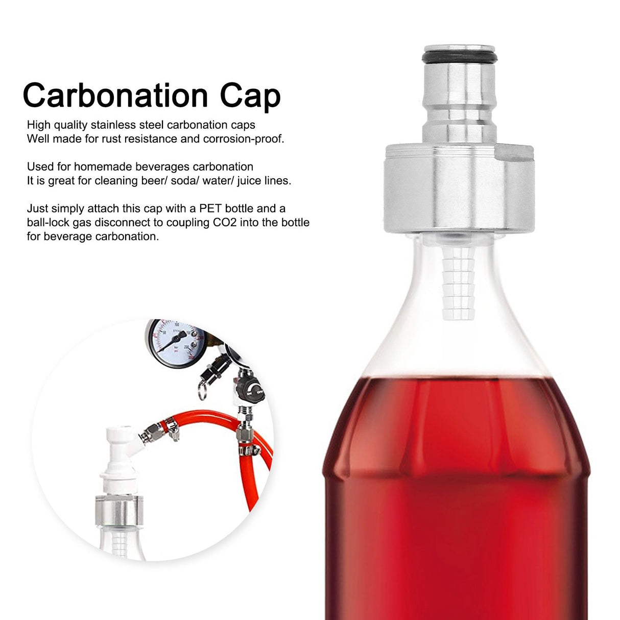 Stainless Steel Carbonation Cap with 5/16in Barb Ball Lock Type Fit Soft PET Bottle Beer Making