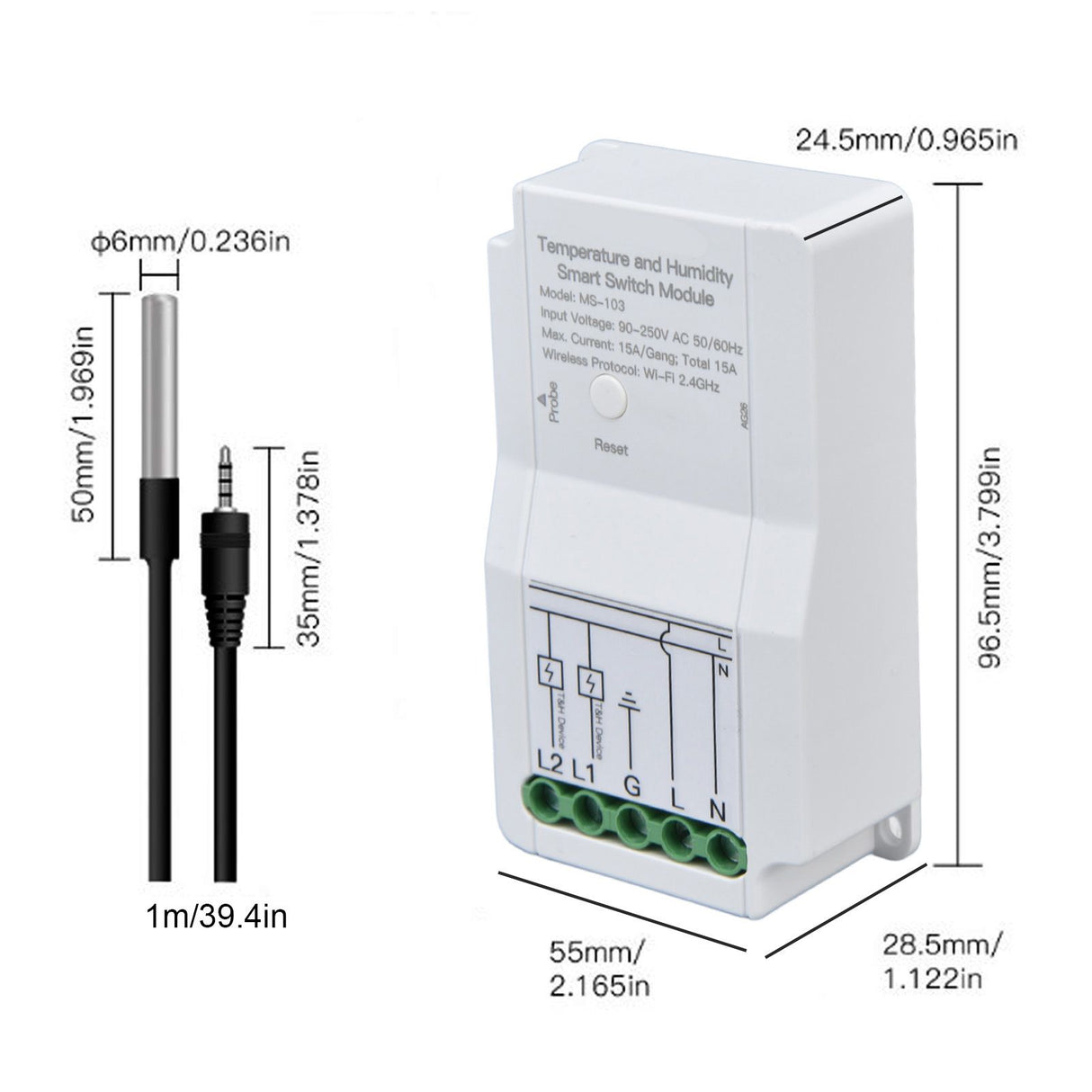 WiFi Temperature Humidity Switch Module Dual Relay Output with Temperature Probe 90‑250V for TUYA Smart App