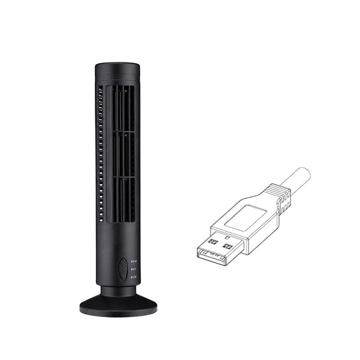 Mini USB Bladeless Tower Fan 2 Wind Speeds and Modes Standing Fan for Bedroom Living Room Home Office Black