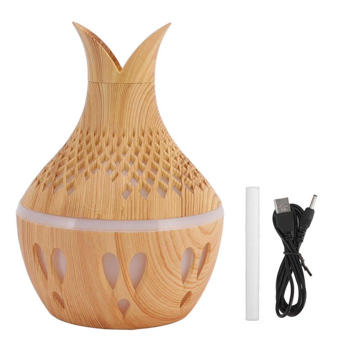 300ml Wood Grain Humidifier USB Powered Aroma Diffuser Humidifier with Ambient Night Light 2 Petal Hollow Shape