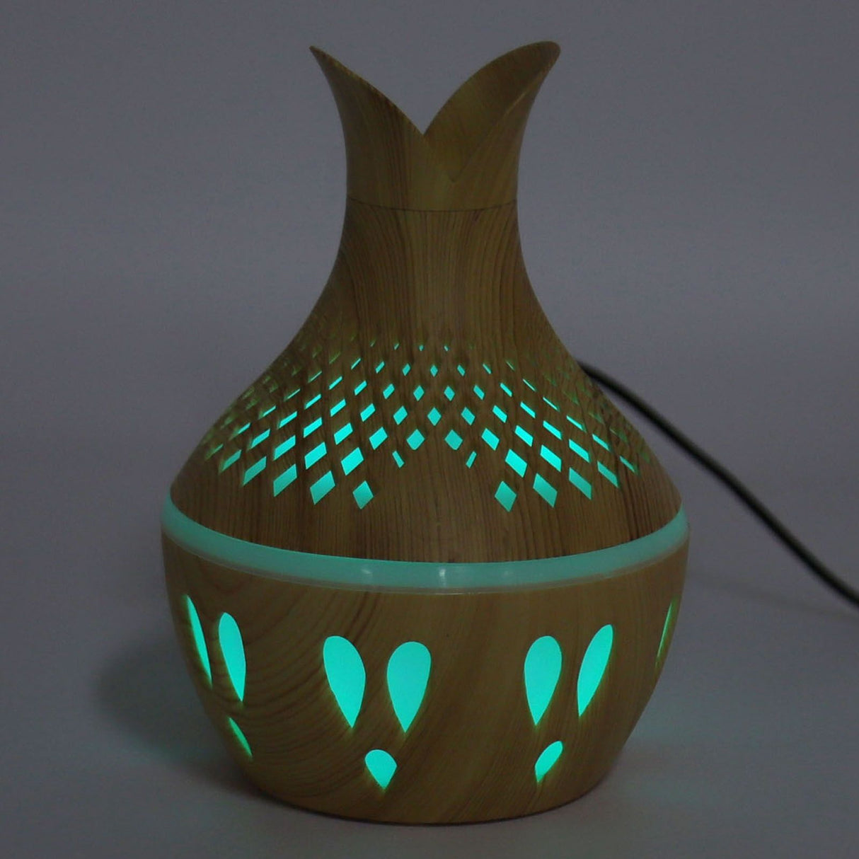 300ml Wood Grain Humidifier USB Powered Aroma Diffuser Humidifier with Ambient Night Light 2 Petal Hollow Shape