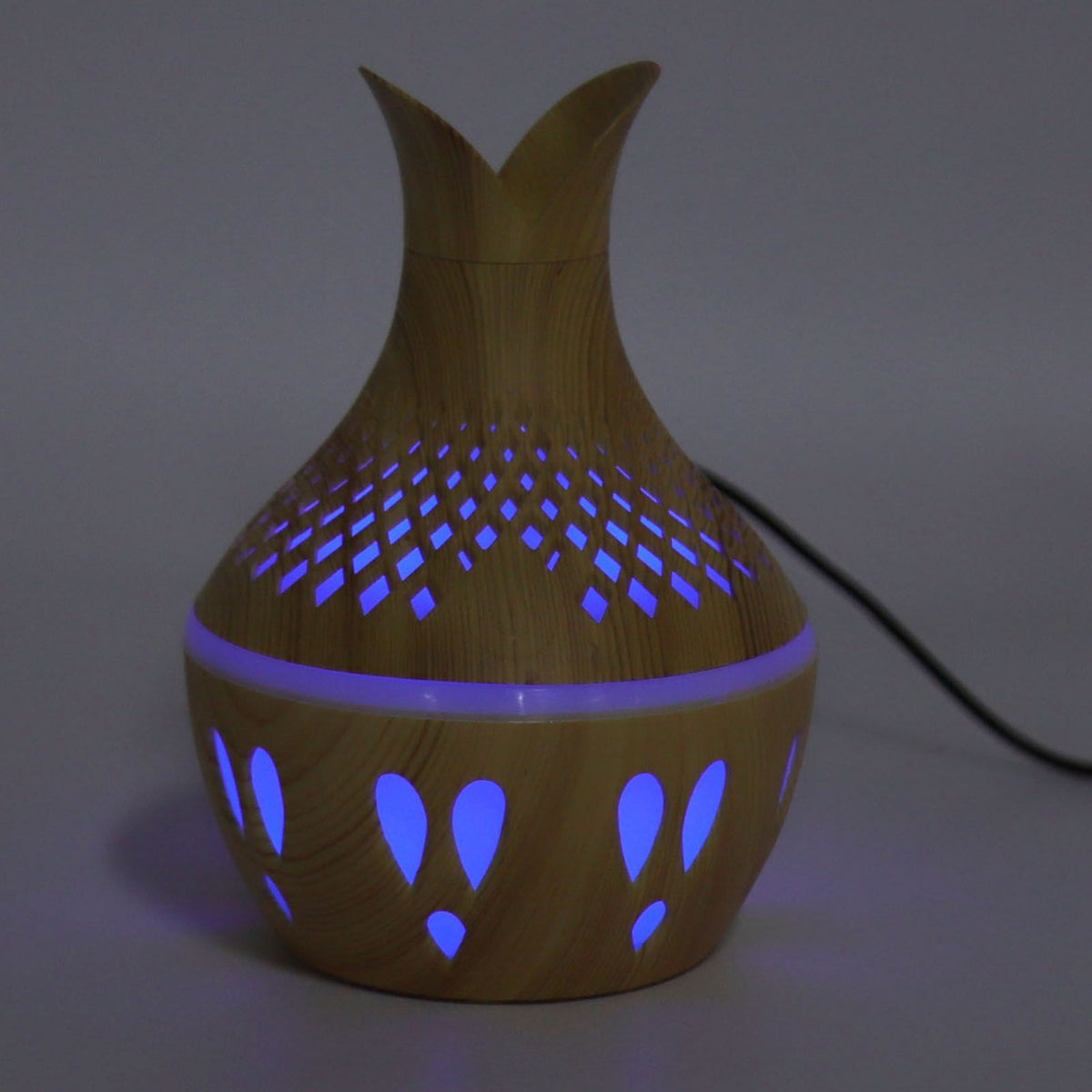 300ml Wood Grain Humidifier USB Powered Aroma Diffuser Humidifier with Ambient Night Light 2 Petal Hollow Shape