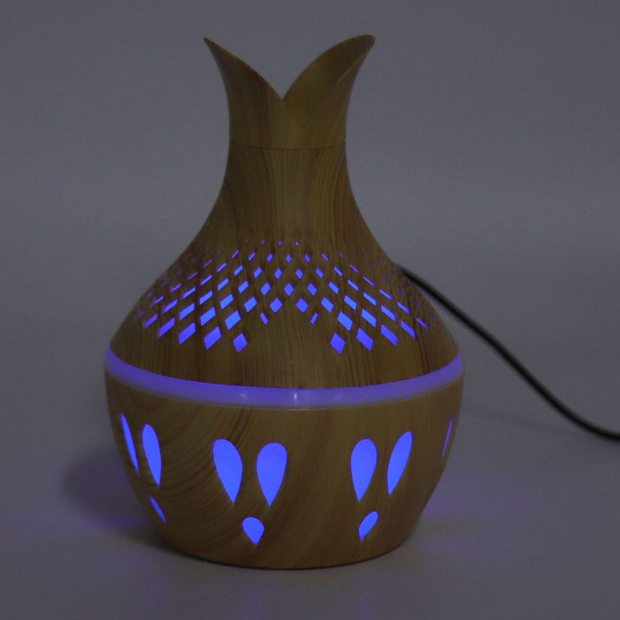 300ml Wood Grain Humidifier USB Powered Aroma Diffuser Humidifier with Ambient Night Light 2 Petal Hollow Shape