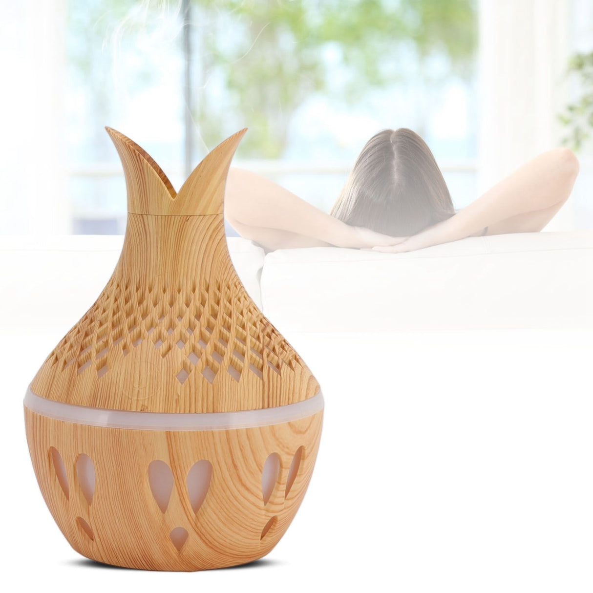 300ml Wood Grain Humidifier USB Powered Aroma Diffuser Humidifier with Ambient Night Light 2 Petal Hollow Shape