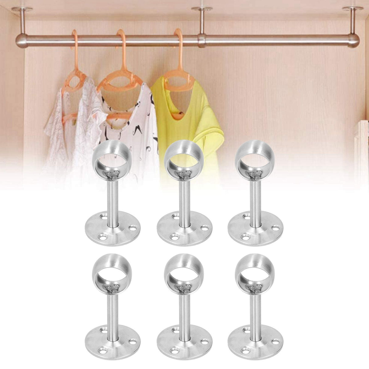 6Pcs Flanged Socket Stainless Steel Curtain Rod Brackets Wardrobe Pole Holder Hardware Fitting(22 AllPass )