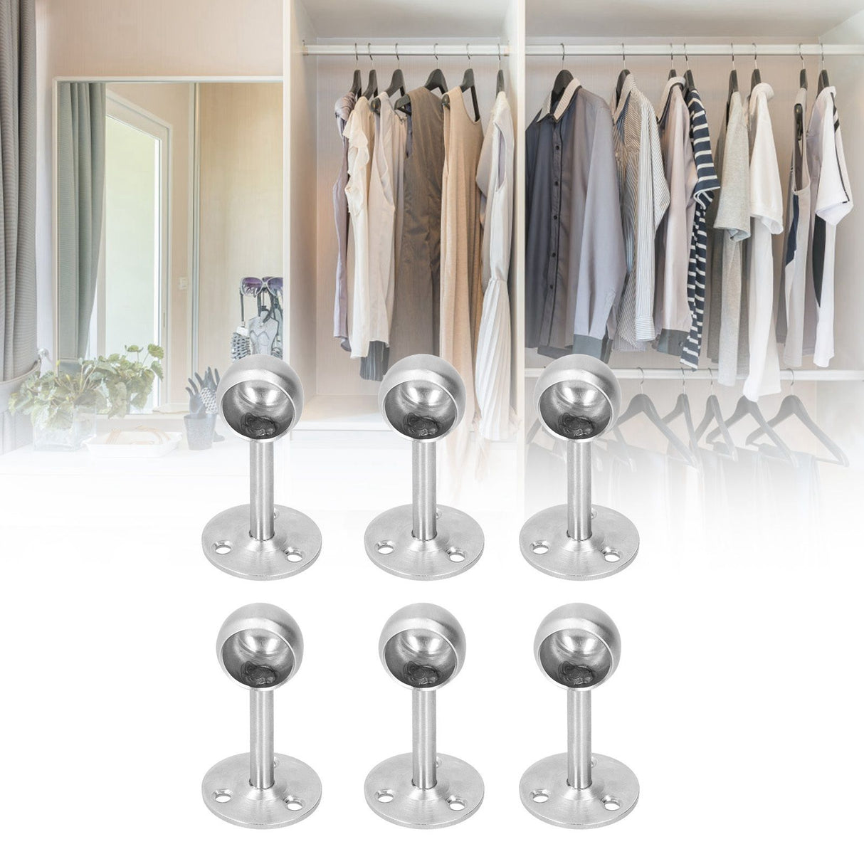 6Pcs Flanged Socket Stainless Steel Curtain Rod Brackets Wardrobe Pole Holder Hardware Fitting22 Half Pass