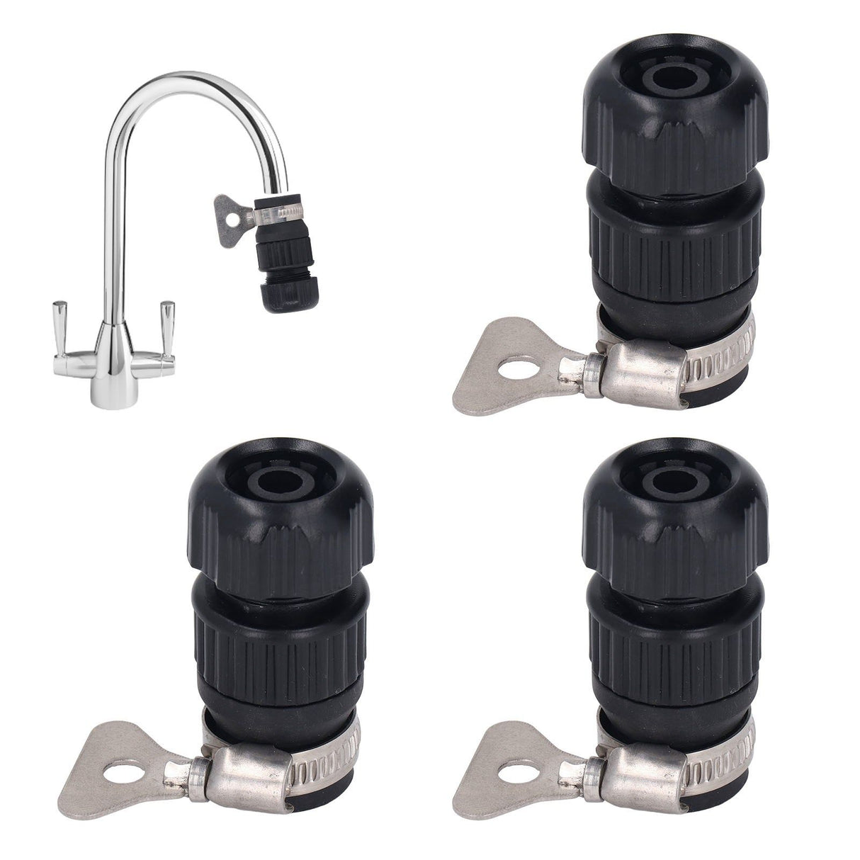 3pcs Tap Connector Adapter PP Stainless Steel Home Water Hose Accessories for Garden Car Washing with Clamp 16‑18 Outer Diameter