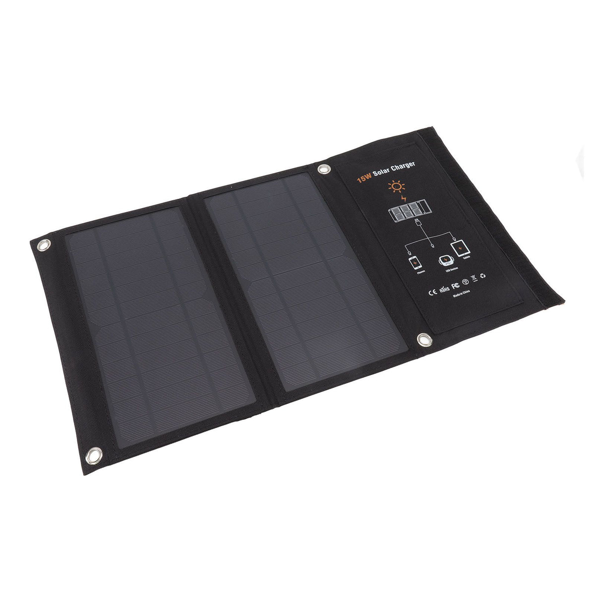 15W Monocrystalline Solar Panel Charger Dual USB Foldable Solar Charging Pack Outdoor Phone Power Bank Black