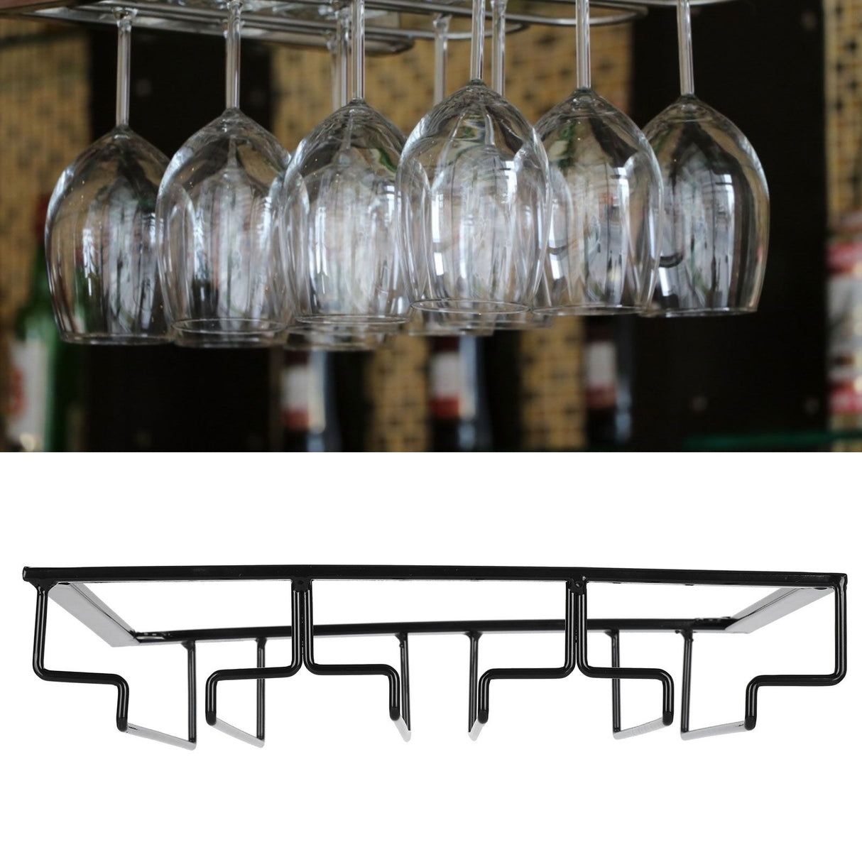 Wine Glass Rack Under Cabinet Stemware Holder Storage Hanger Metal Organizer for Bar Kitchen3 Slot 30x22.5cm Black