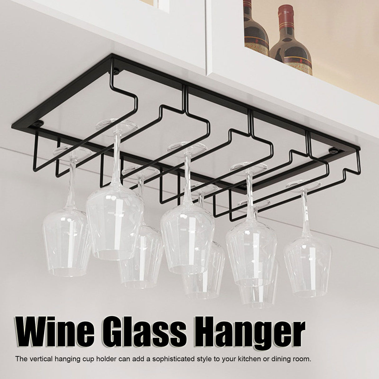 Wine Glass Rack Under Cabinet Stemware Holder Storage Hanger Metal Organizer for Bar Kitchen3 Slot 30x22.5cm Black