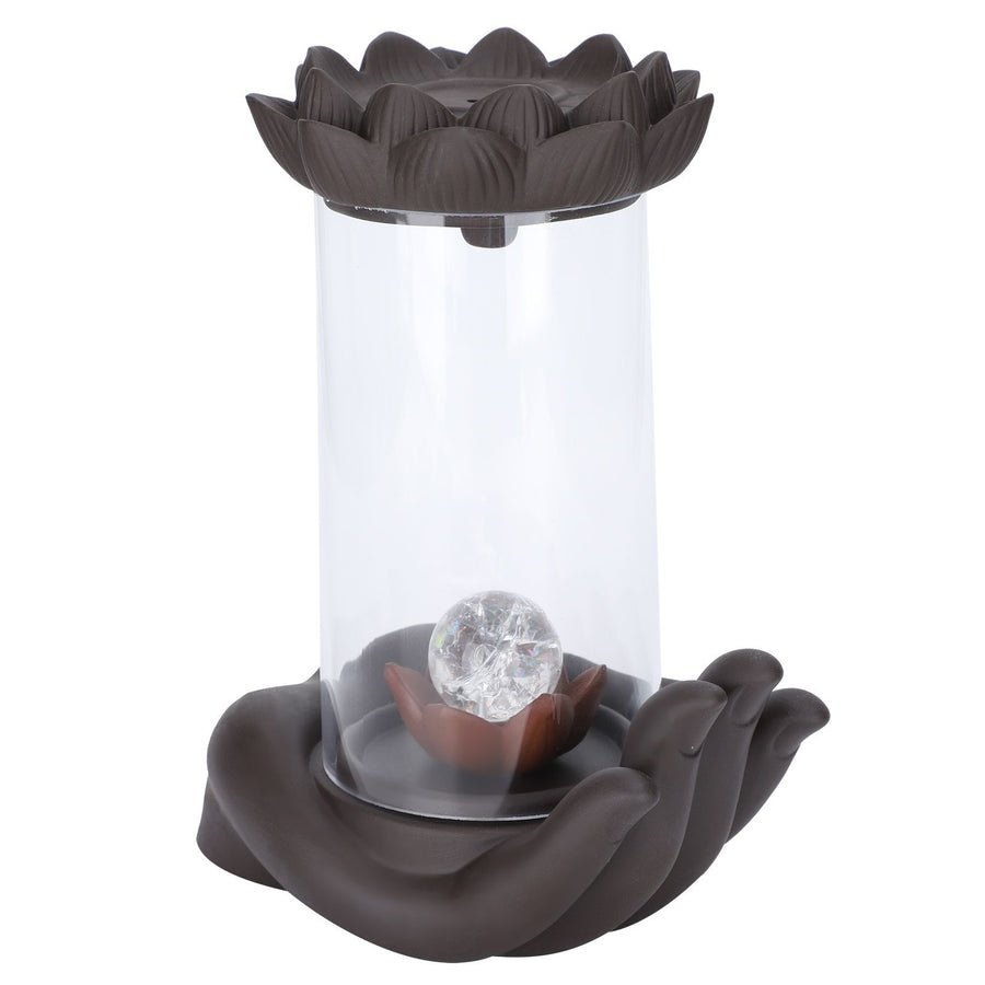 LED Waterfall Backflow Incense Burner with Windproof Cover Handicraft for Home Office Tea House