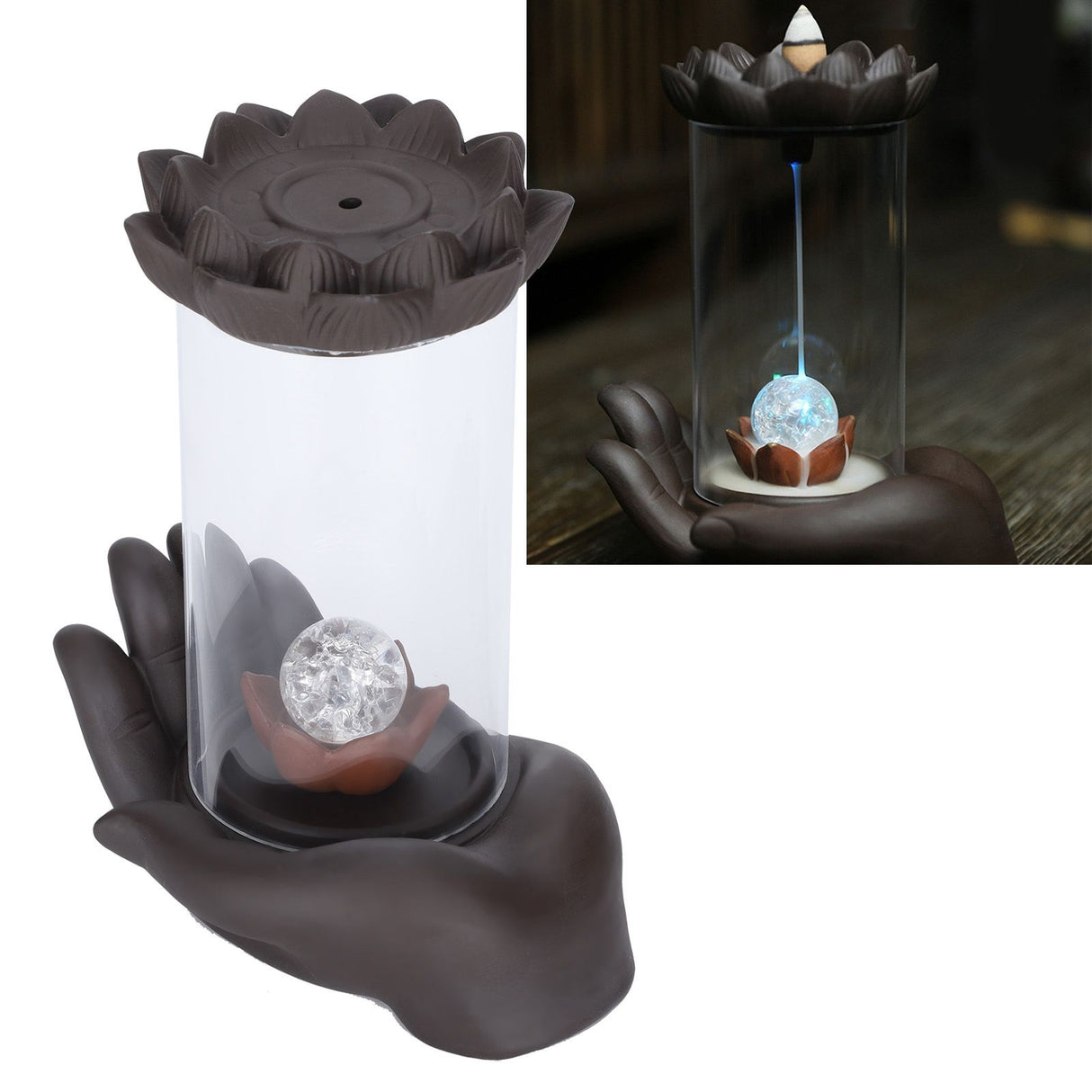 LED Waterfall Backflow Incense Burner with Windproof Cover Handicraft for Home Office Tea House