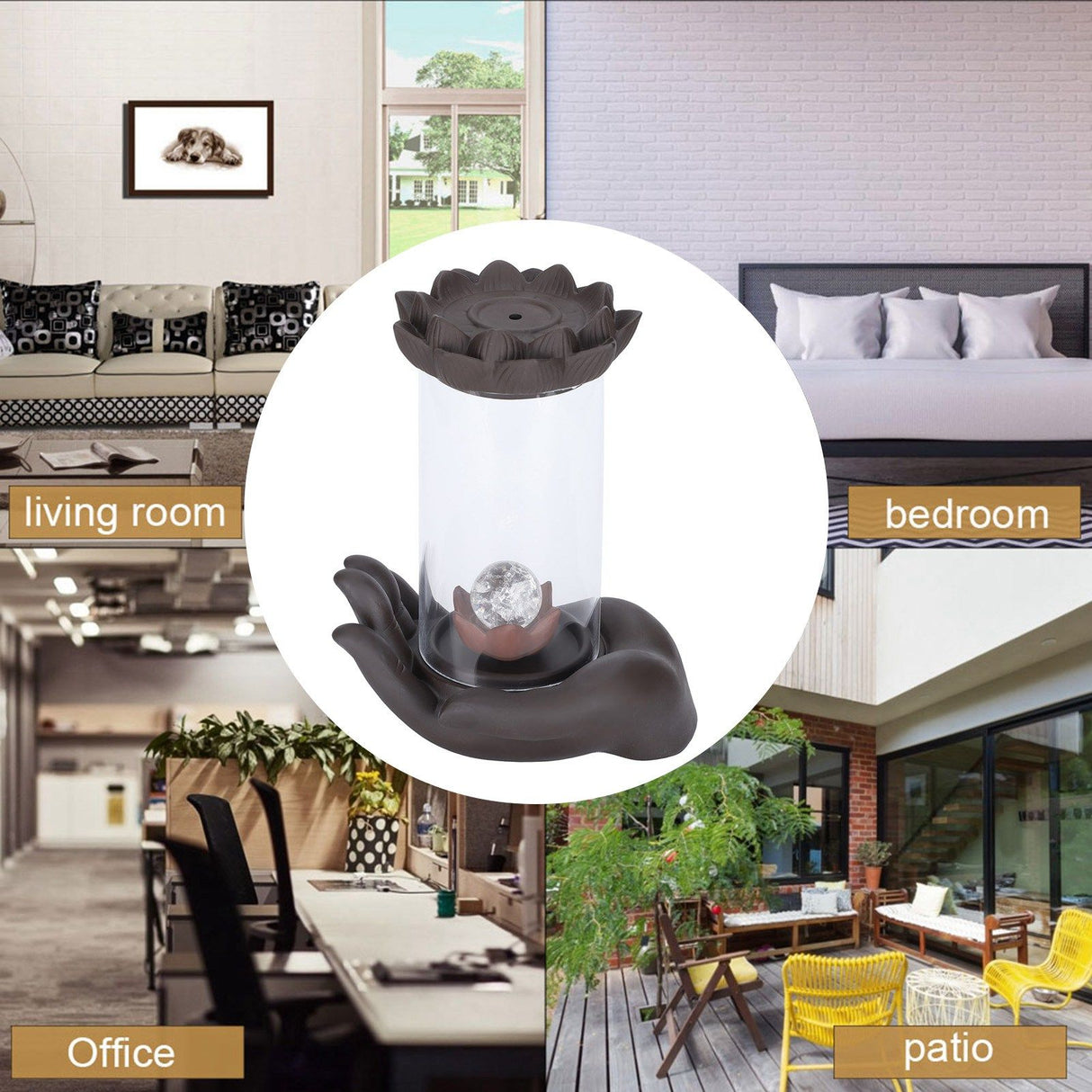 LED Waterfall Backflow Incense Burner with Windproof Cover Handicraft for Home Office Tea House