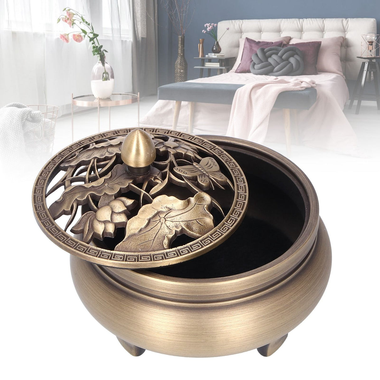 Antique Incense Burner Holder Brass with Lid 3‑Legged Buddha Ornament Home Decoration