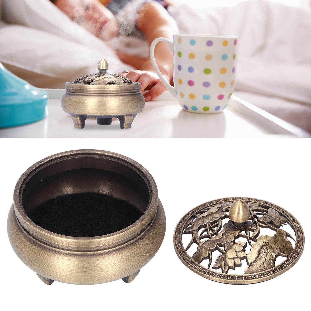 Antique Incense Burner Holder Brass with Lid 3‑Legged Buddha Ornament Home Decoration
