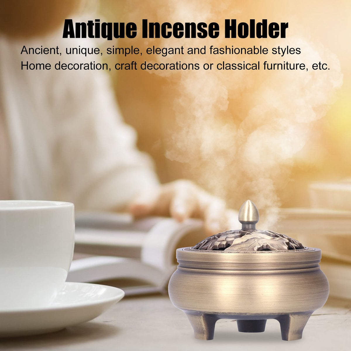 Antique Incense Burner Holder Brass with Lid 3‑Legged Buddha Ornament Home Decoration